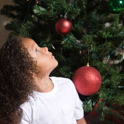 un enfant regardant un arbre de noel | a child looking at a christmas tree