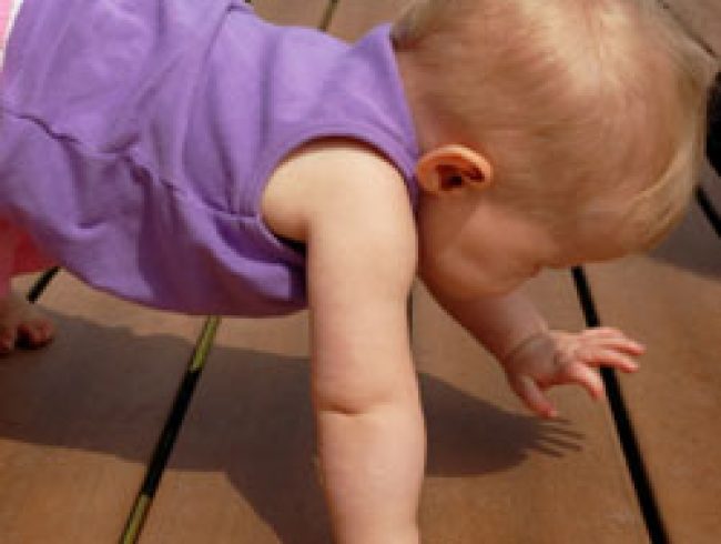 Image d'un enfant marchant a quatre pattes sur du bois | Image of a child crawling on wood