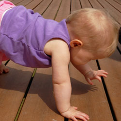 Image d'un enfant marchant a quatre pattes sur du bois | Image of a child crawling on wood