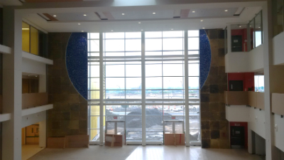 The Montreal Children's Hospital's future atrium, where the bear will be seen in the distance.