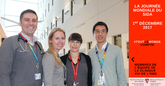 De g. à d. : Dong Hyun (Danny) Kim, infirmier chercheur, Dre Gillian Morantz, Dre Marie-Astrid Lefebvre, Dr Chris Karatzios, directeur du programme du VIH de l’HME.